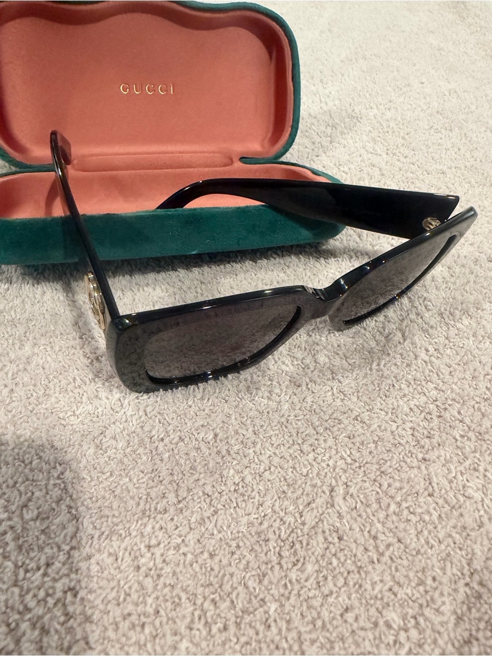 Gucci Black Rectangular Women's Sunglasses with Gold Accents
